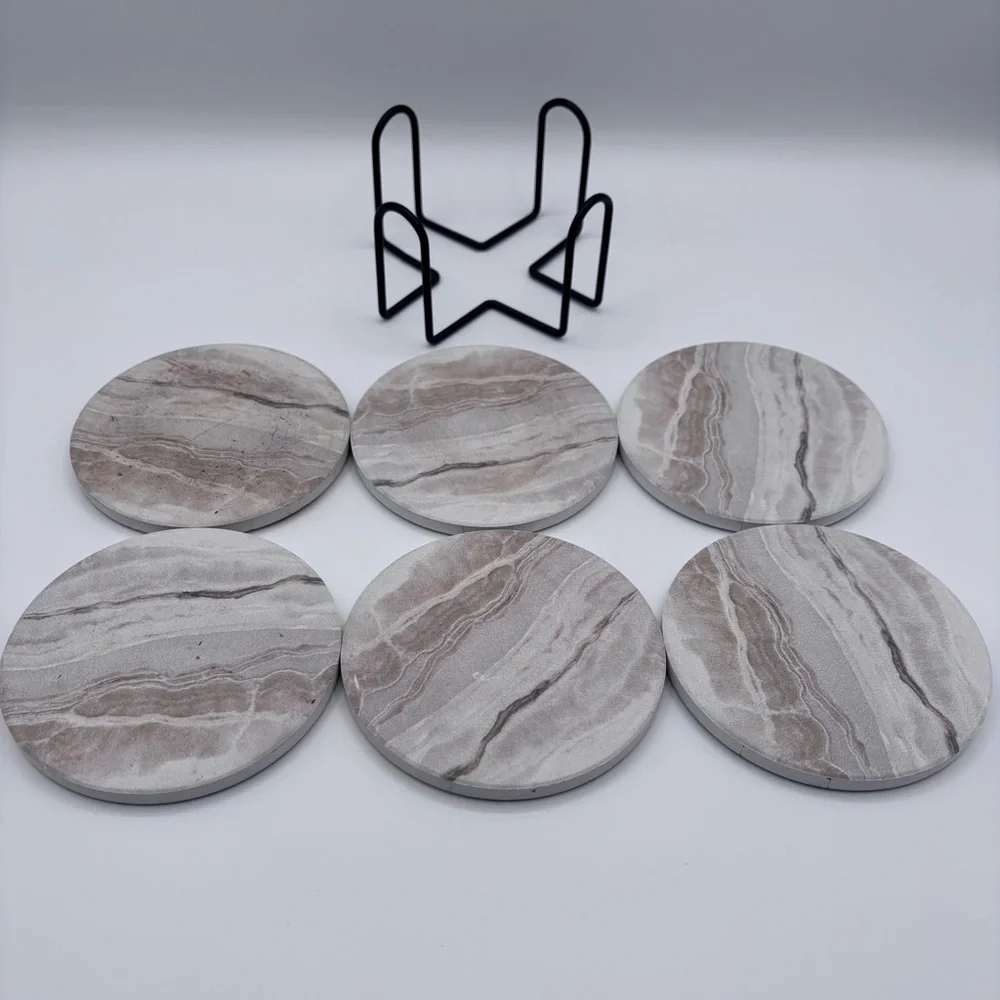 Marble Stone Coasters Set of 6 with Metal Holder — Absorbent Cork Back Drink